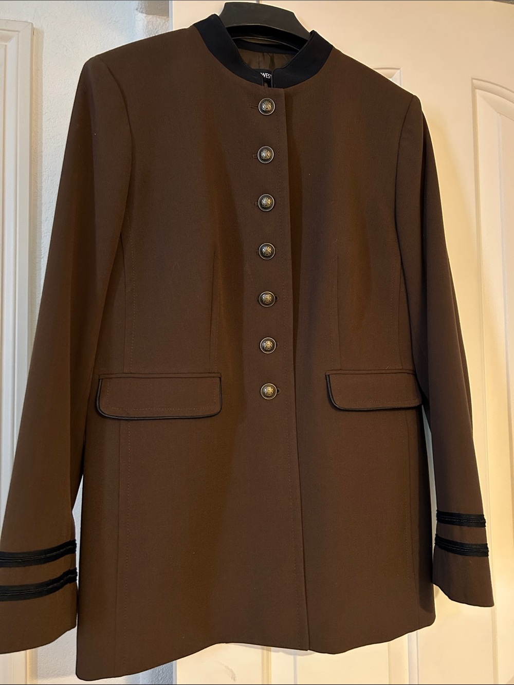 Nine West Brown Military-Style Button Front Blazer with Black Trim